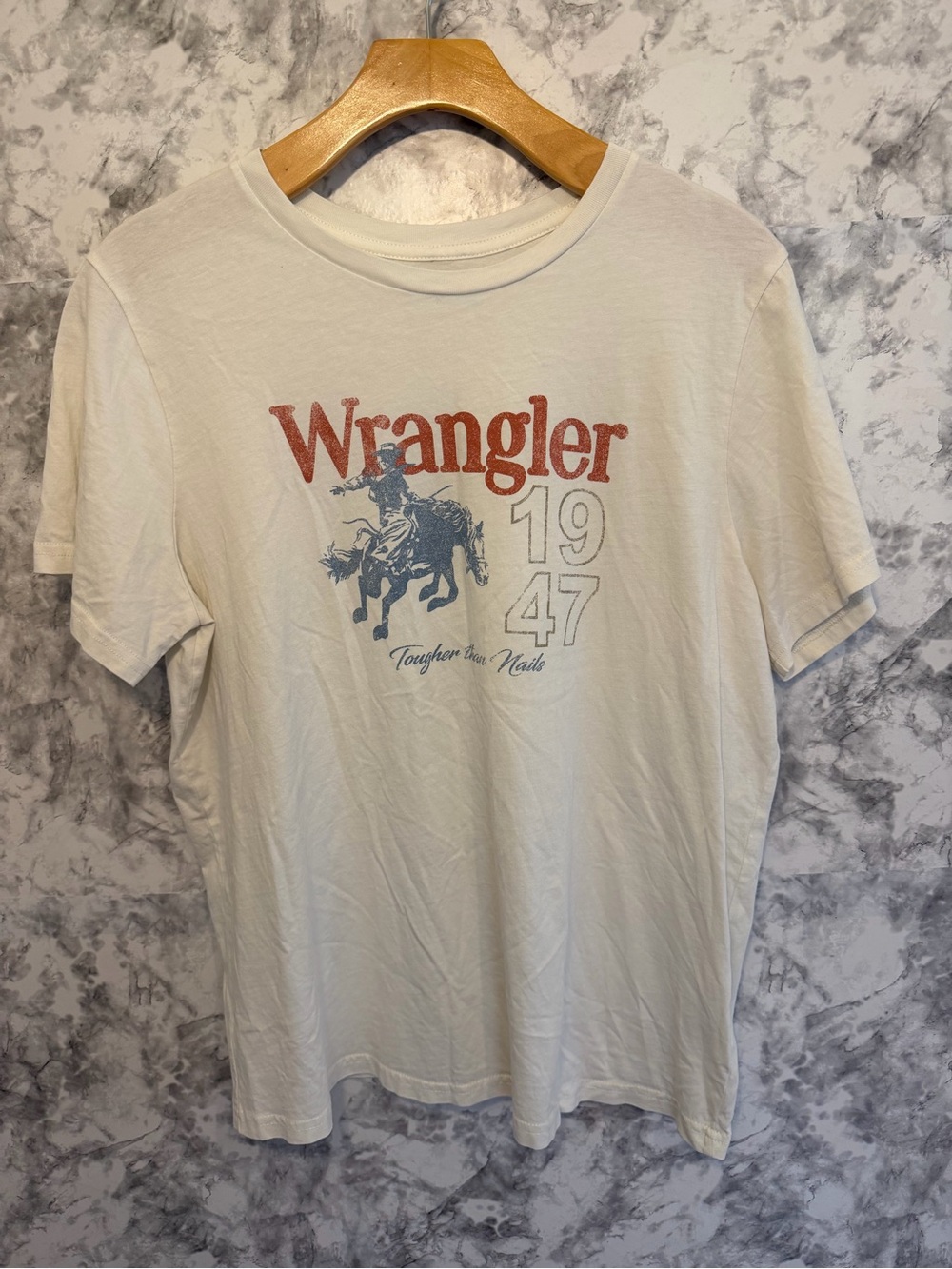Wrangler Off-White Tee with Rust Logo and Blue Rodeo Graphic